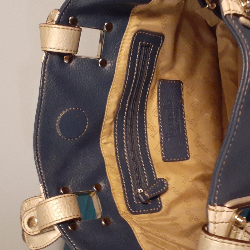 Vintage Tignanello leather handbag blue and white with 2 silver handles - Picture 4 of 6